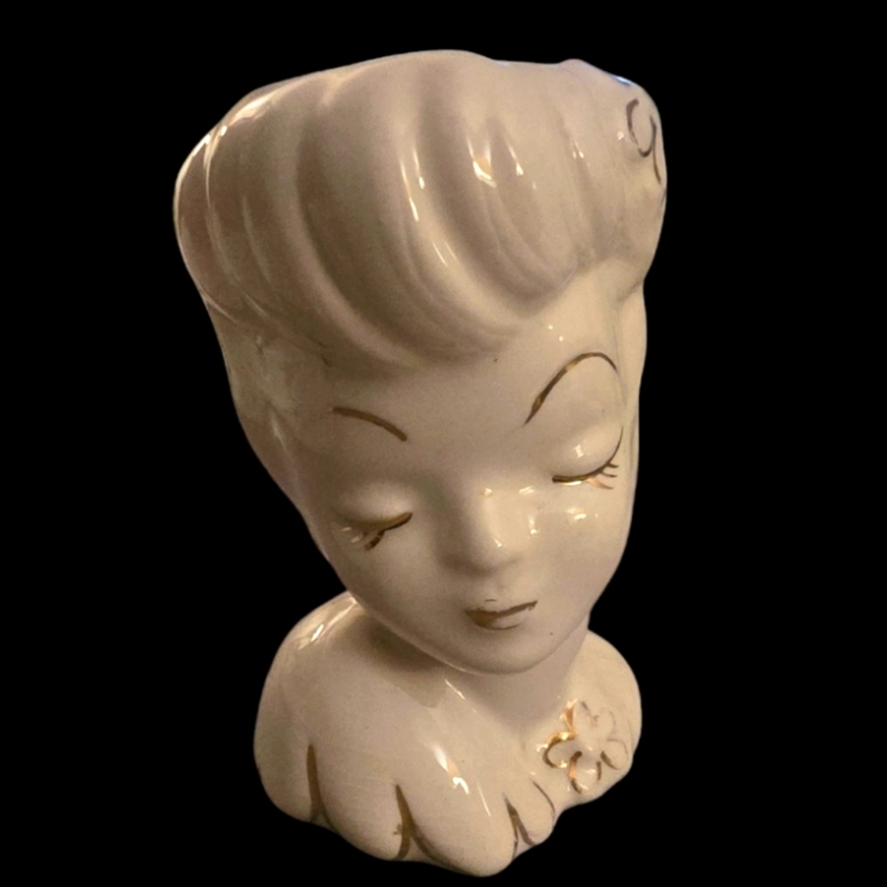 Vintage 50’s Glamor Girls Lady Head Vase USA Gold Trim